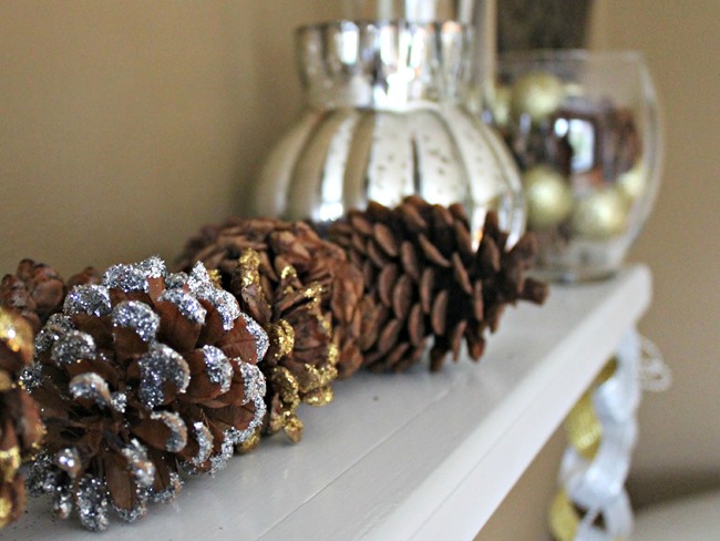 christmas mantel sparkly pinecones