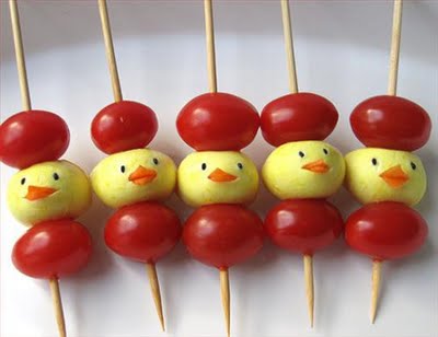 Easter - Easter decor - holiday decorating - decor - easter bunny - easter egg - easter food - chicks on a stick - mini mozzarella and cherry tomato appetizer  via pinterest