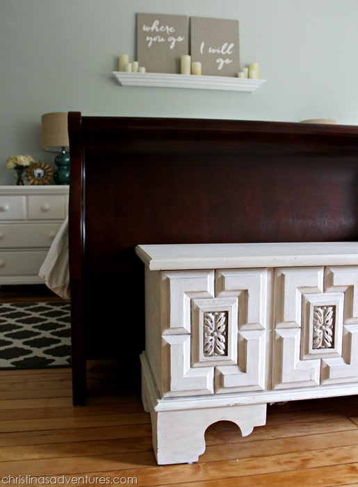 painted cedar chest at the end of the bed