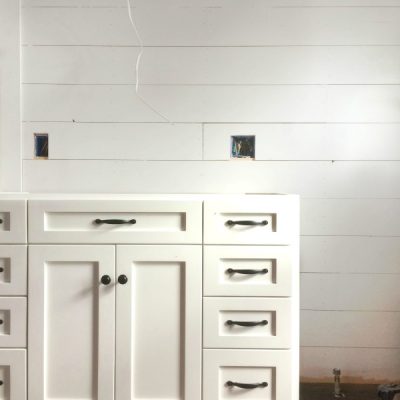 Bathroom renovation progress: ceiling, cabinets & shiplap