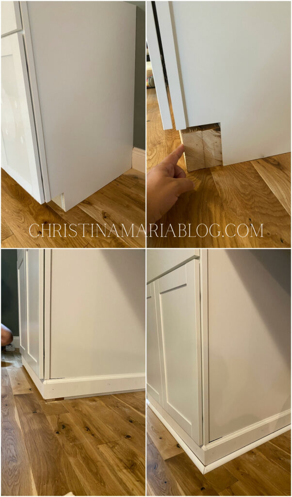 how to fill in the toe kick on a cabinet and add molding