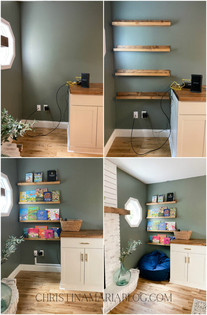reading corner with book ledges and a bean bag