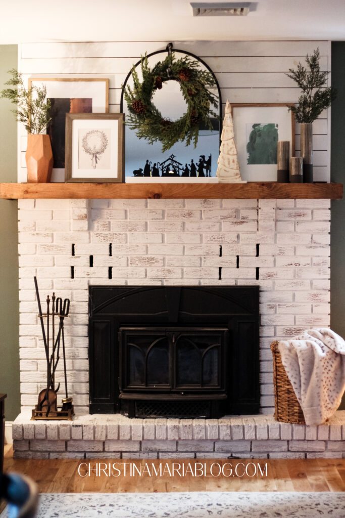 limewashed fireplace with shiplap