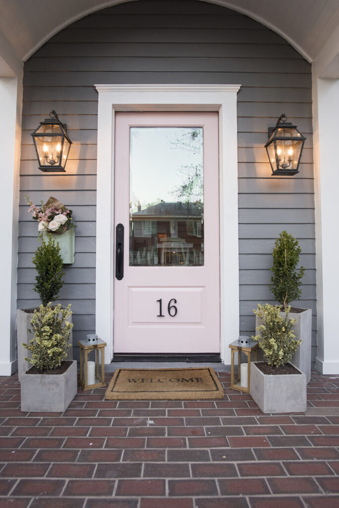 light pink door gray exterior