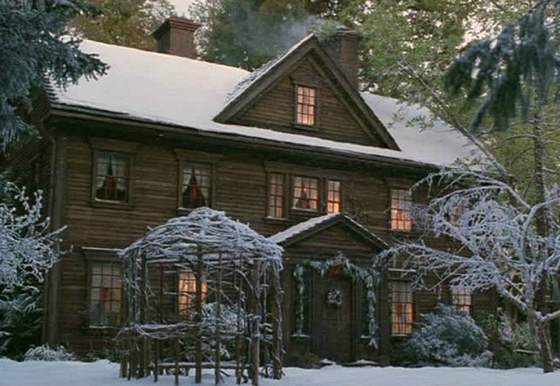 snowy exterior of the Little Women house from the 1994 movie