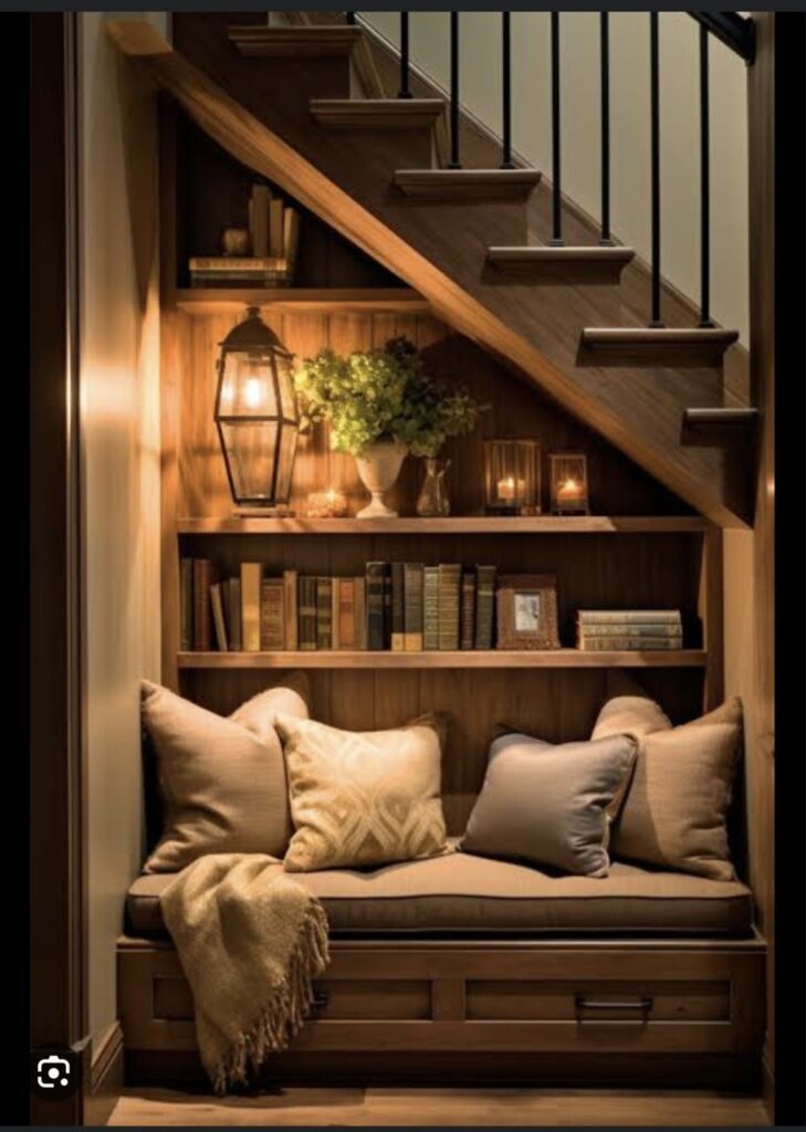cozy under the stairs bench and book shelves