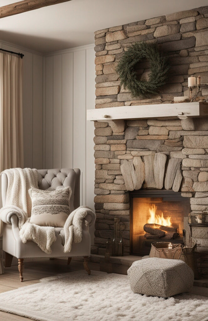 vertical shiplap stone fireplace cozy fireplace