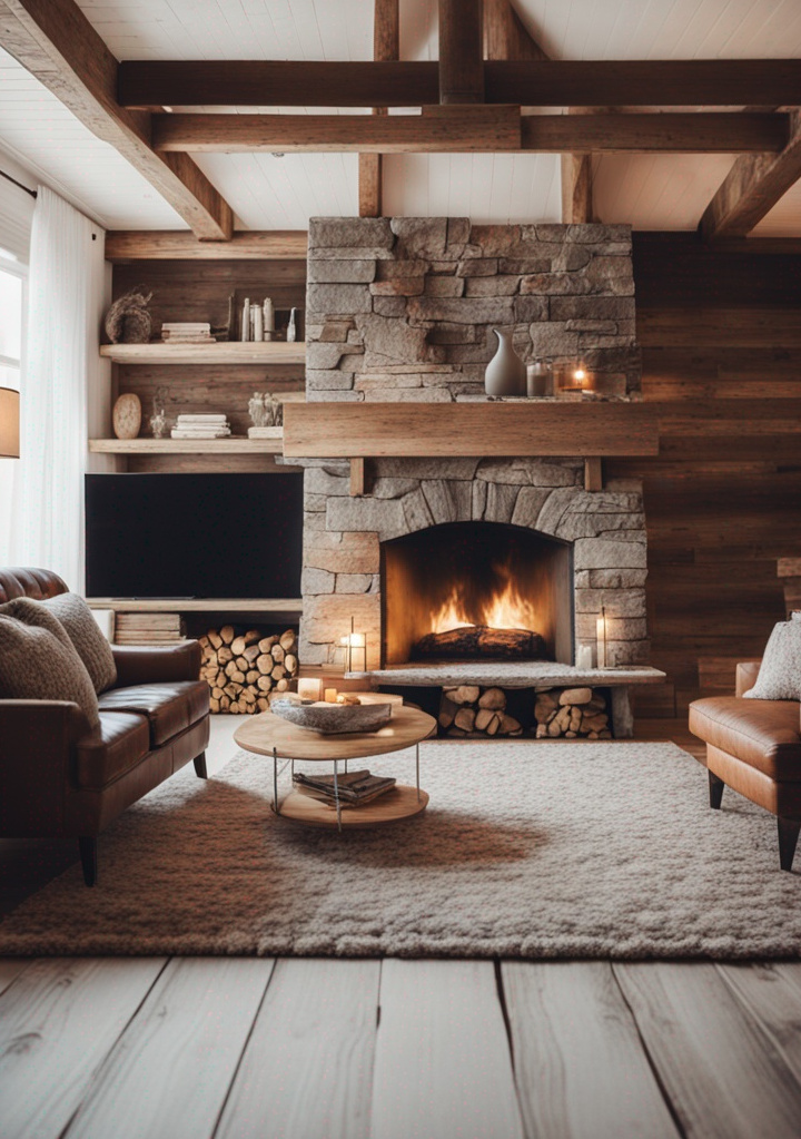 winter cozy scene stone fireplace shiplap wood beams