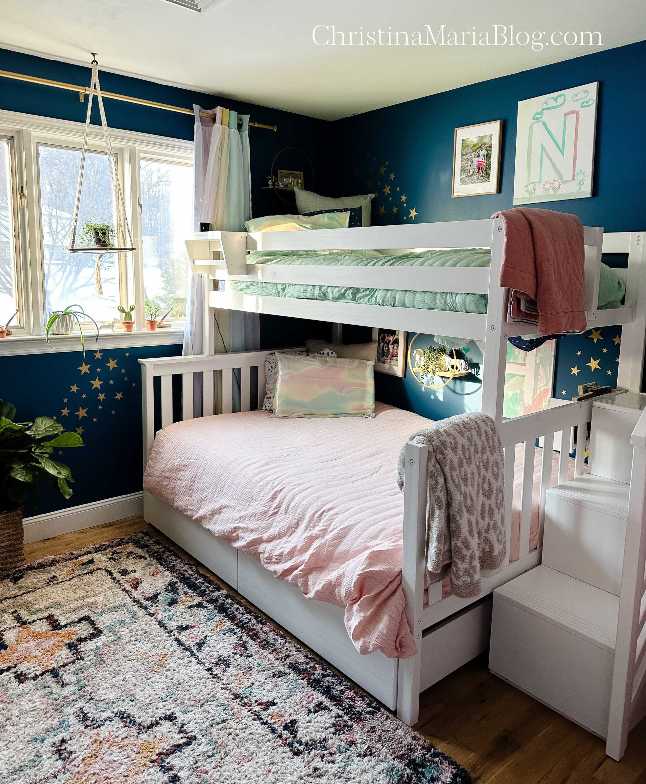 blue kids bedroom with stars and bunk bed