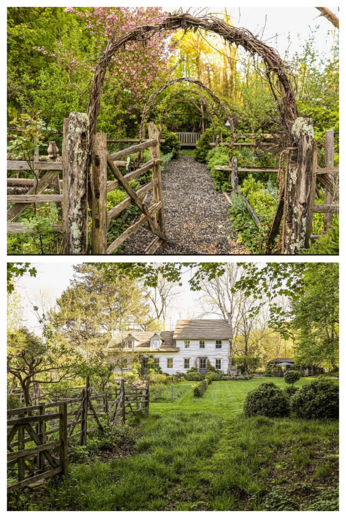 charming New York cottage garden with grapevine arbor