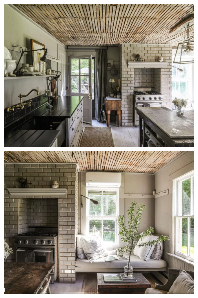 new york cottage kitchen with lathe ceiling and black countertops with window seat