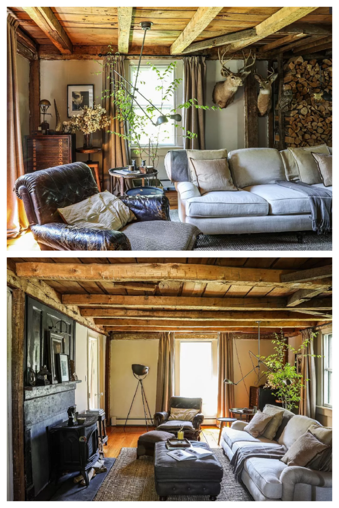 cozy New York cottage with wood ceiling living room 