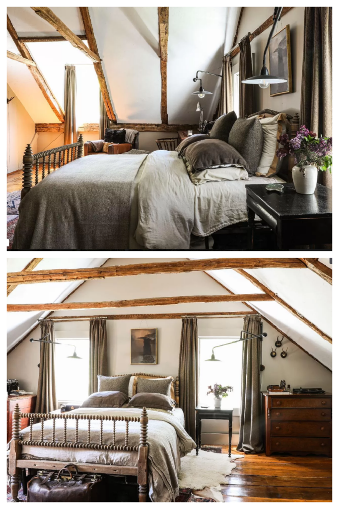 New York cottage bedroom with sloped ceilings and wood beams with cozy linen bedding